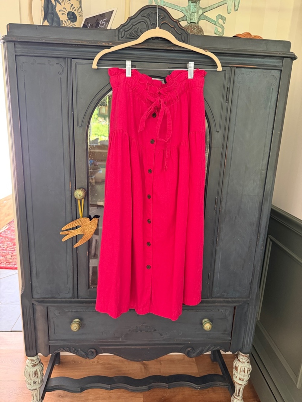 Universal Thread Pink Button-Front Midi Skirt with Smocked Tie Waist